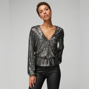 NWT WHITE HOUSE BLACK MARKET SEQUIN SURPLICE LONG SLEEVE BLOUSE TOP - LARGE